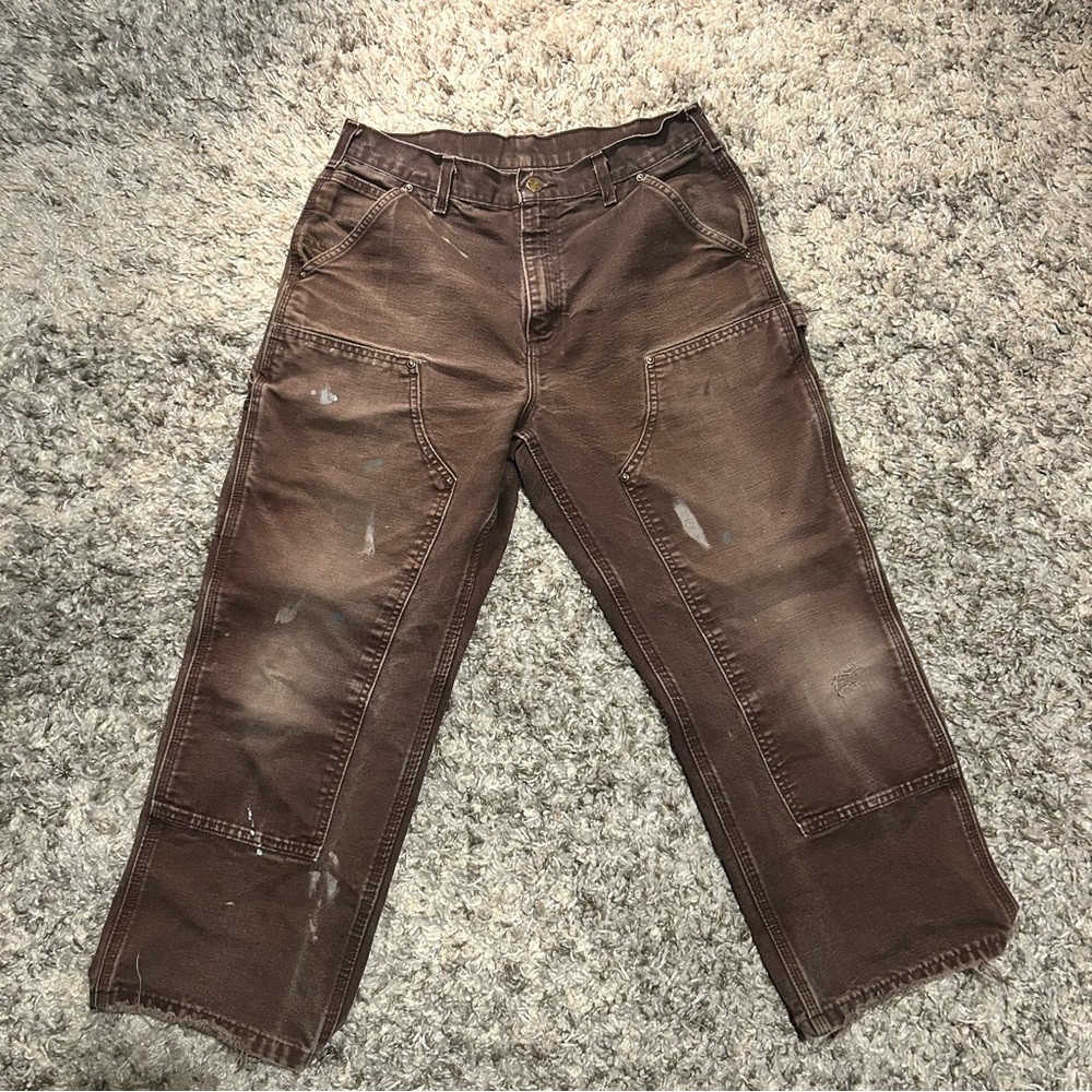 faded brown double kneed carhartt jeans